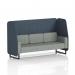 This picture showcases a dynamic booth with sleek black legs in rivet fabric. The Brixworth 3 seater open booth features striking crucible panels and a comfortable Prime Sofa. Made to order for a unique and modern design.