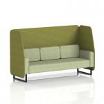 In the image, a customized 3-seater open booth with black legs is featured. The booth is upholstered in a rivet fabric, with olive panels and a burnished sofa. The booth has a dynamic design, perfect for any modern space.