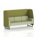 In the image, a customized 3-seater open booth with black legs is featured. The booth is upholstered in a rivet fabric, with olive panels and a burnished sofa. The booth has a dynamic design, perfect for any modern space.
