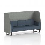 This photo showcases a stunning Dynamic Booths 3-seater open booth in Brixworth design. The black legs provide a sleek contrast to the bold Rivet fabric, while the prime panels and Crucible sofa add a touch of sophistication. Perfect for modern and dynamic spaces.