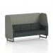 This photograph showcases a custom-made Brixworth 3 seater open booth with black legs. The booth features rivet fabric, vitreous panels, and a charcoal sofa. The overall look is modern and sleek, with a dynamic design perfect for any space.