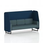 The dynamic booth is a customizable Brixworth 3 seater open booth with sleek black legs. It features striking X2 fabric and showcases beautiful Calculus panels and a Polygon Sofa SF002229. The booth exudes modernity and style.