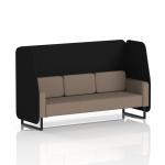 This photo features a modern and customizable dynamic booth with a 3-seater open design, black legs, and diameter panels. The booth is shown in X2 fabric and next to a Theory Sofa with the model number SF002230.