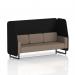 This photo features a modern and customizable dynamic booth with a 3-seater open design, black legs, and diameter panels. The booth is shown in X2 fabric and next to a Theory Sofa with the model number SF002230.