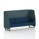 This photo features a customized Brixworth 3-seater open booth with sleek black legs. The booth is upholstered in two different fabrics - polygon panels and calculus sofa - giving it a dynamic and modern look. Perfect for any workplace or event space.