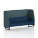 This photo features a customized Brixworth 3-seater open booth with sleek black legs. The booth is upholstered in two different fabrics - polygon panels and calculus sofa - giving it a dynamic and modern look. Perfect for any workplace or event space.