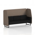 The image shows a sleek and modern Dynamic Booths open booth with black legs. It features a custom-made Brixworth 3 seater sofa in X2 fabric, along with Theory panels and a Diameter sofa. The overall look is sophisticated and stylish.