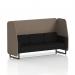 The image shows a sleek and modern Dynamic Booths open booth with black legs. It features a custom-made Brixworth 3 seater sofa in X2 fabric, along with Theory panels and a Diameter sofa. The overall look is sophisticated and stylish.