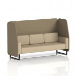The photo depicts a custom-made Brixworth 3 seater open booth with black legs, upholstered in Main Line Flax fabric. It features bank panels and an Upminster sofa in a neutral color, creating a spacious and modern look.