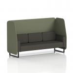 This photograph showcases a stylish and modern Dynamic Booth with a Brixworth 3 Seater design, featuring striking black legs and upholstered in Main Line Flax fabric. The Monument panels and sleek Temple Sofa add a touch of elegance to this custom-made piece, which exudes sophistication and functionality.