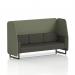 This photograph showcases a stylish and modern Dynamic Booth with a Brixworth 3 Seater design, featuring striking black legs and upholstered in Main Line Flax fabric. The Monument panels and sleek Temple Sofa add a touch of elegance to this custom-made piece, which exudes sophistication and functionality.