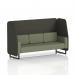This image features a stylish Dynamic Booths 3-seater open booth with black legs, customized in Main Line Flax fabric. The temple panels and monument sofa add a touch of elegance to the overall design. Perfect for creating a dynamic and inviting seating area in any space.