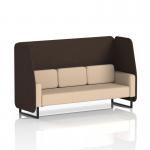 The image shows a sleek, modern open booth with three comfortable seats. The booth features black legs and is made with high-quality synergy fabric. The wed panels and affix sofa create a dynamic and inviting seating arrangement.