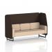 The image shows a sleek, modern open booth with three comfortable seats. The booth features black legs and is made with high-quality synergy fabric. The wed panels and affix sofa create a dynamic and inviting seating arrangement.
