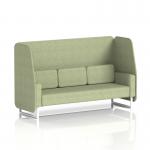 The picture features Dynamic Booths made-to-order Brixworth 3-seater open booth, showcasing white legs and a sleek rivet fabric. The burnish panels and stylish sofa create a modern and inviting aesthetic.