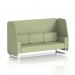 The picture features Dynamic Booths made-to-order Brixworth 3-seater open booth, showcasing white legs and a sleek rivet fabric. The burnish panels and stylish sofa create a modern and inviting aesthetic.