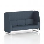 The photo shows a custom-made booth with white legs and rivet fabric. The booth features a 3-seater open design and Crucible panels. The sofa, numbered SF002254, is perfect for any space.