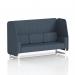 The photo shows a custom-made booth with white legs and rivet fabric. The booth features a 3-seater open design and Crucible panels. The sofa, numbered SF002254, is perfect for any space.