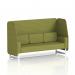 This photo showcases a customizable Brixworth 3-seater booth with sleek white legs and a contemporary rivet fabric. The chic olive panels and comfortable sofa make it an appealing addition to any space.