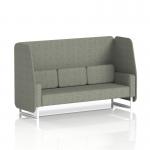 This image features a sleek and modern open booth, designed to order in Brixworth style. The booth has white legs and is upholstered in Rivet fabric, with vitreous panels adding a dynamic touch. The 3-seater sofa is showcased in stunning detail.