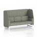 This image features a sleek and modern open booth, designed to order in Brixworth style. The booth has white legs and is upholstered in Rivet fabric, with vitreous panels adding a dynamic touch. The 3-seater sofa is showcased in stunning detail.