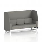 The image displays a 3-seater open booth with sleek white legs and customizable number panels. The booth is made to order and features X2 fabric, creating a dynamic and modern aesthetic. Perfect for a variety of spaces and occasions.