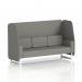 The image displays a 3-seater open booth with sleek white legs and customizable number panels. The booth is made to order and features X2 fabric, creating a dynamic and modern aesthetic. Perfect for a variety of spaces and occasions.