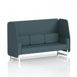 The photo shows a modern 3-seater open booth with sleek white legs, designed to order in Brixworth. Its unique design features polygon panels and a stylish sofa, perfect for a dynamic and contemporary space.