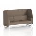 The photograph captures a sleek and modern open booth with white legs, expertly crafted by Dynamic Booths. The Brixworth 3 seater features a stunning X2 fabric, complemented by Theory panels and a matching sofa. Perfect for any contemporary space.