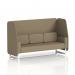The picture shows a dynamic booth with white legs and bank panels, featuring a 3-seater open design made of main line flax fabric. It is made to order and perfect for any modern space.