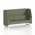 This image features a modern and versatile open booth with white legs. The main line flax fabric adds a touch of elegance, while the monument panels and sofa create a dynamic and unique design. Perfect for any upscale event or lounge setting.