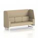 This picture showcases a sleek and modern Dynamic Booth with white legs, featuring a Brixworth 3-seater open design. The main line flax fabric adds an elegant touch, while the Upminster panels and sofa provide extra comfort. Perfect for any setting, this booth is made to order for a customized look.