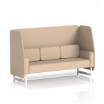The photo captures a sleek and modern Dynamic Booth made to order in Brixworth style, featuring a 3-seater open booth with white legs and synergy fabric. The affix panels and sofa add a unique touch to this stylish piece of furniture.