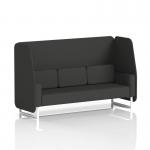 In the photo, you can see a modern and dynamic 3-seater booth with open sides and white legs. The booth is made to order and features a mix of panels and a sofa, all upholstered in synergy fabric. It creates a sleek and inviting seating area with a unique design.