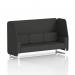 In the photo, you can see a modern and dynamic 3-seater booth with open sides and white legs. The booth is made to order and features a mix of panels and a sofa, all upholstered in synergy fabric. It creates a sleek and inviting seating area with a unique design.