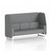 This photo features a dynamic booth made to order specifically for Brixworth. The booth has a 3 seater open design and is supported by white legs. The fabric chosen is Synergy, and it comes with partner panels and a sofa.