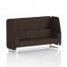 A sleek, modern booth with white legs and synergy fabric panels. The open design features a 3-seater sofa for maximum versatility. Perfect for any event or office setting.