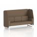 The photo captures a sleek and unique open booth, with white legs and sumi fabric. The Osaka panels add a modern touch, while the 3 seater sofa provides ample seating. This dynamic booth is custom-made for guaranteed style and functionality.