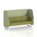 This photo features a dynamic booth, custom-made for modern spaces. The Brixworth 3 seater open booth boasts white legs and a stylish rivet fabric. Burnish panels add an edgy touch while the sleek olive sofa provides a pop of color. Perfect for contemporary settings.