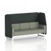 This photo showcases a custom-made Brixworth 3 seater open booth with white legs in rivet fabric. Charcoal panels and a vitreous sofa complete the modern design, adding a touch of sophistication to any space. The dynamic booths offer comfortable and stylish seating options for any event or gathering.