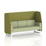 The image shows a modern and functional Dynamic booth, customized for you. Its open design features white legs, olive panels, and burnish fabric, adding a touch of sophistication and versatility. This 3-seater booth is perfect for any space and adds a unique charm to any setting.