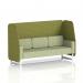 The image shows a modern and functional Dynamic booth, customized for you. Its open design features white legs, olive panels, and burnish fabric, adding a touch of sophistication and versatility. This 3-seater booth is perfect for any space and adds a unique charm to any setting.