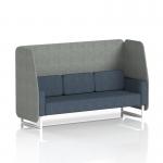 This photo features a dynamic booth that is custom-made with a Brixworth 3 seater open design. The booth has white legs and is made with rivet fabric, showcasing prime panels and a crucible sofa.