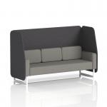 This picture features a beautiful dynamic booth, custom made in Brixworth with a 3 seater open design and white legs. The upholstery is a combination of Arithmetic panels and a number print sofa, creating a unique and modern look.