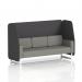 This picture features a beautiful dynamic booth, custom made in Brixworth with a 3 seater open design and white legs. The upholstery is a combination of Arithmetic panels and a number print sofa, creating a unique and modern look.