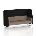 This photo features a Dynamic Booths Made to Order Brixworth 3 Seater Open Booth with white legs, adorned with X2 fabric and diameter panels. In the background, a Theory Sofa SF002290 adds a touch of modernity to the overall look.