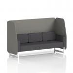The photograph shows a custom-made Dynamic Booths Brixworth 3 Seater Open Booth with white legs, featuring X2 fabric, number panels, and an arithmetic sofa. The sleek design and high-quality materials create a stylish and functional seating option.