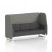 The photograph shows a custom-made Dynamic Booths Brixworth 3 Seater Open Booth with white legs, featuring X2 fabric, number panels, and an arithmetic sofa. The sleek design and high-quality materials create a stylish and functional seating option.