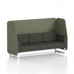In the image, we see a sleek and modern 3-seater booth with white legs, upholstered in a trendy flax fabric. The booth features unique monument panels and a stylish temple sofa, adding a touch of sophistication to any space. This custom booth is the perfect addition to any dynamic setting.