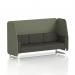 In the image, we see a sleek and modern 3-seater booth with white legs, upholstered in a trendy flax fabric. The booth features unique monument panels and a stylish temple sofa, adding a touch of sophistication to any space. This custom booth is the perfect addition to any dynamic setting.